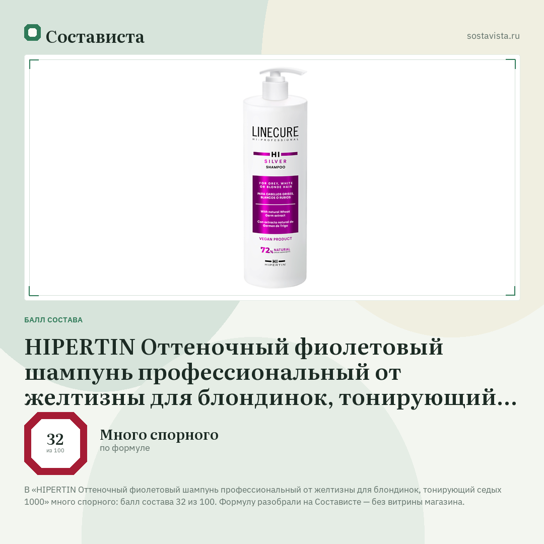 HIPERTIN Оттеночный фиолетовый шампунь профессиональный от желтизны для блондинок, тонирующий седых 1000: балл состава 32 из 100 — Состависта