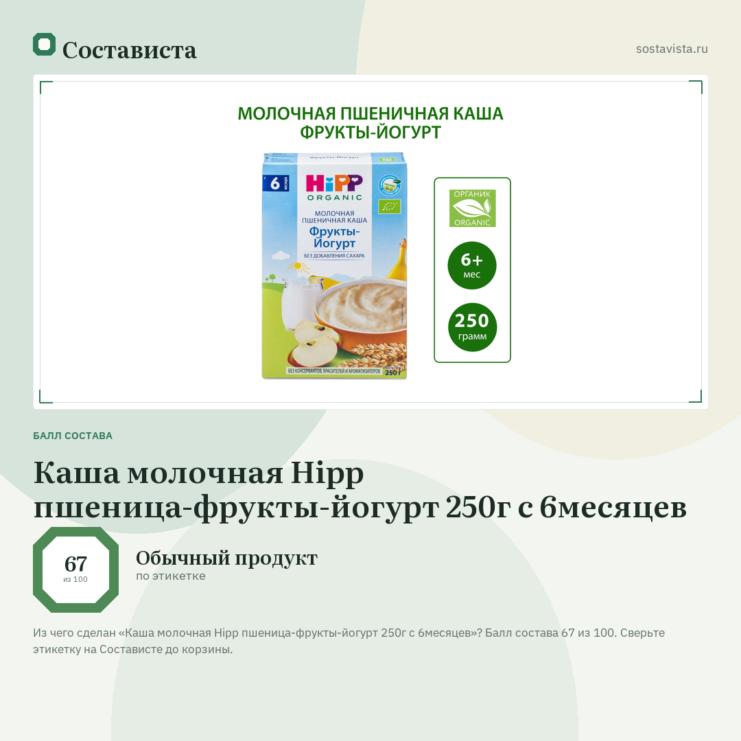 Каша молочная Hipp пшеница-фрукты-йогурт 250г с 6месяцев: балл состава 67 из 100 — Состависта