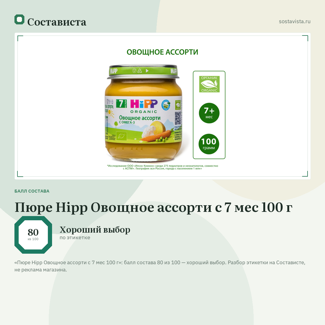 Пюре Hipp Овощное ассорти с 7 мес 100 г: балл состава 80 из 100 — Состависта