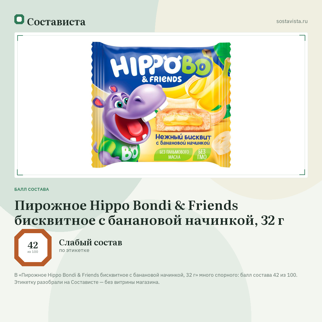 Пирожное Hippo Bondi & Friends бисквитное с банановой начинкой, 32 г: балл состава 42 из 100 — Состависта