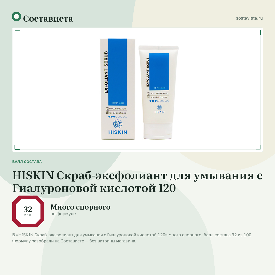 HISKIN Скраб-эксфолиант для умывания с Гиалуроновой кислотой 120: балл состава 32 из 100 — Состависта