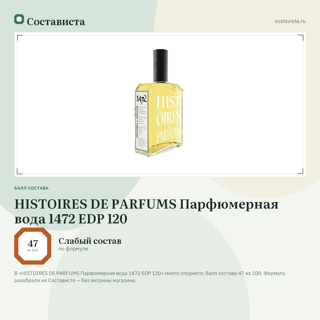 HISTOIRES DE PARFUMS Парфюмерная вода 1472 EDP 120: балл состава 47 из 100 — Состависта