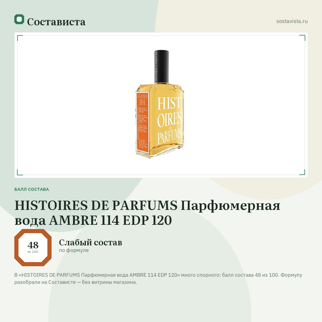HISTOIRES DE PARFUMS Парфюмерная вода AMBRE 114 EDP 120: балл состава 48 из 100 — Состависта