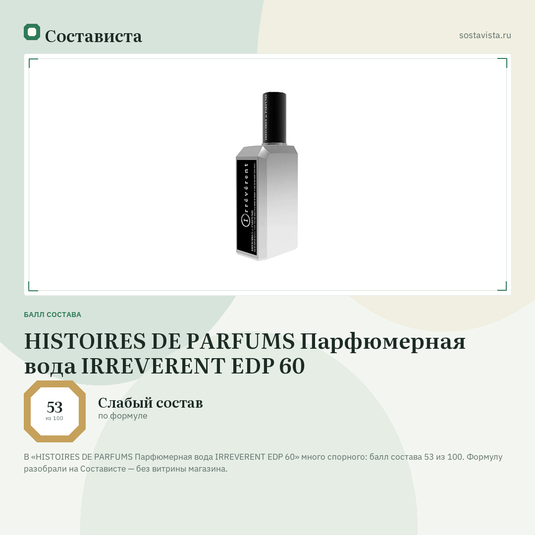 HISTOIRES DE PARFUMS Парфюмерная вода IRREVERENT EDP 60: балл состава 53 из 100 — Состависта