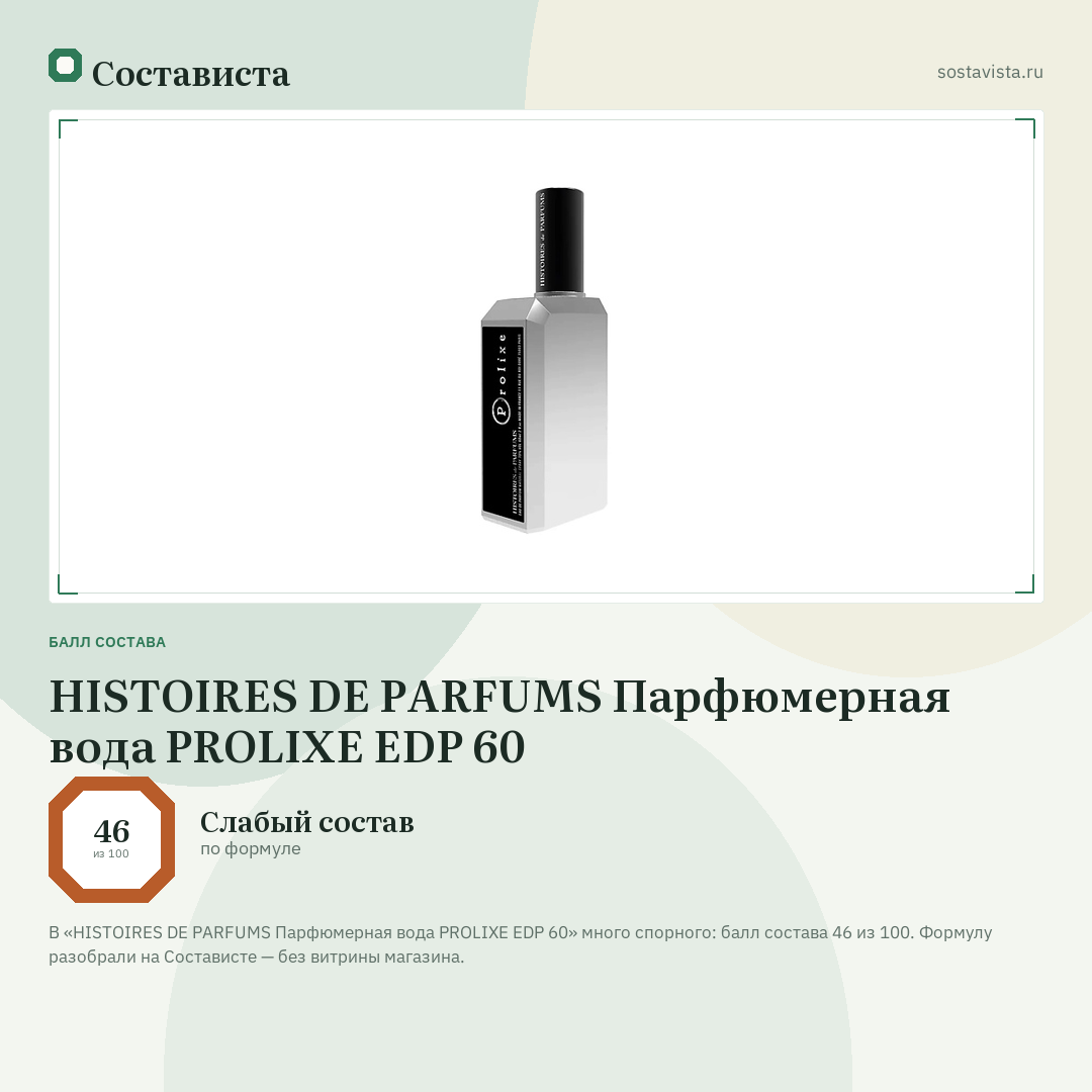 HISTOIRES DE PARFUMS Парфюмерная вода PROLIXE EDP 60: балл состава 46 из 100 — Состависта