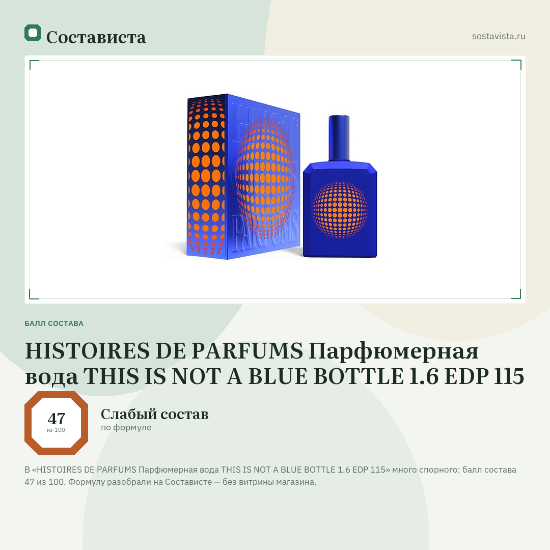 HISTOIRES DE PARFUMS Парфюмерная вода THIS IS NOT A BLUE BOTTLE 1.6 EDP 115: балл состава 47 из 100 — Состависта
