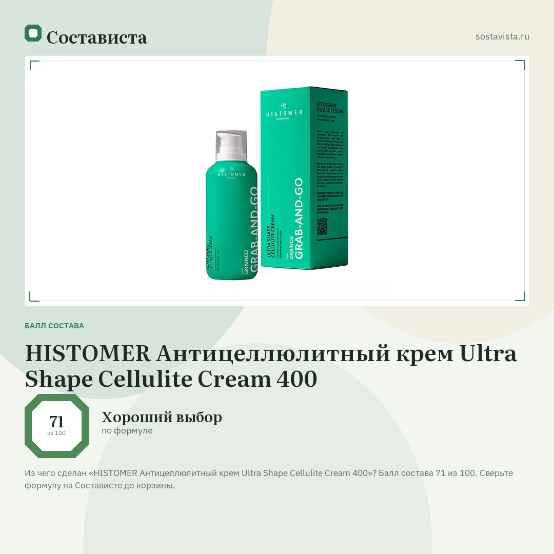 HISTOMER Антицеллюлитный крем Ultra Shape Cellulite Cream 400: балл состава 71 из 100 — Состависта