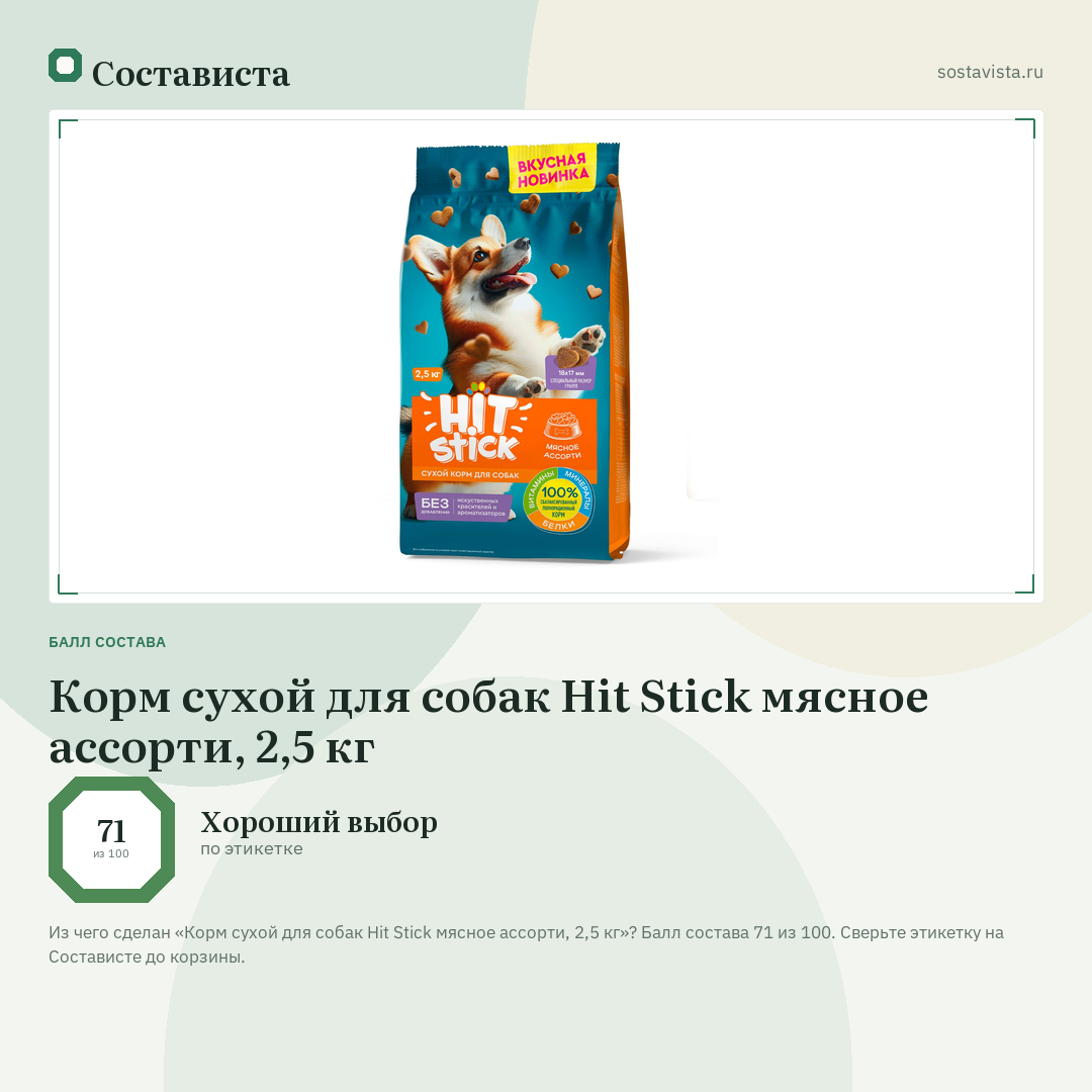 Корм сухой для собак Hit Stick мясное ассорти, 2,5 кг: балл состава 71 из 100 — Состависта