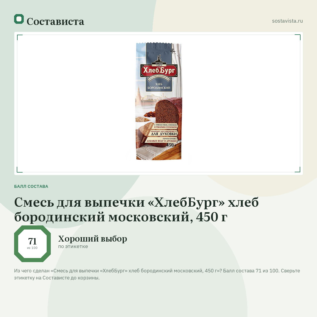 Смесь для выпечки «ХлебБург» хлеб бородинский московский, 450 г: балл состава 71 из 100 — Состависта