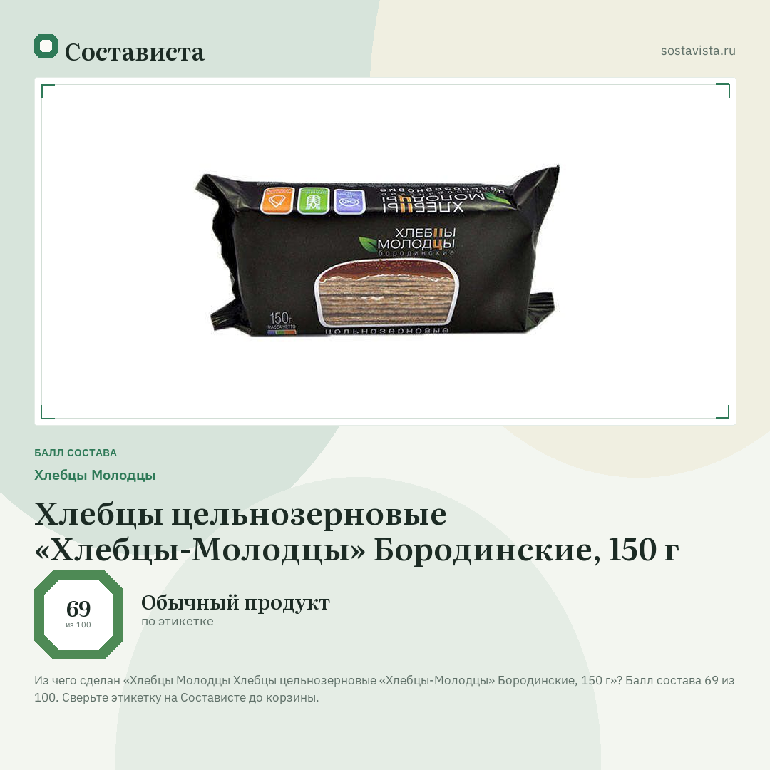 Хлебцы Молодцы Хлебцы цельнозерновые «Хлебцы-Молодцы» Бородинские, 150 г: балл состава 69 из 100 — Состависта