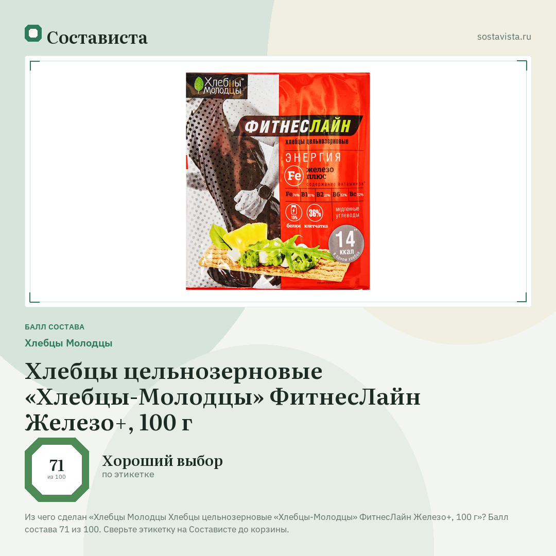 Хлебцы Молодцы Хлебцы цельнозерновые «Хлебцы-Молодцы» ФитнесЛайн Железо+, 100 г: балл состава 71 из 100 — Состависта