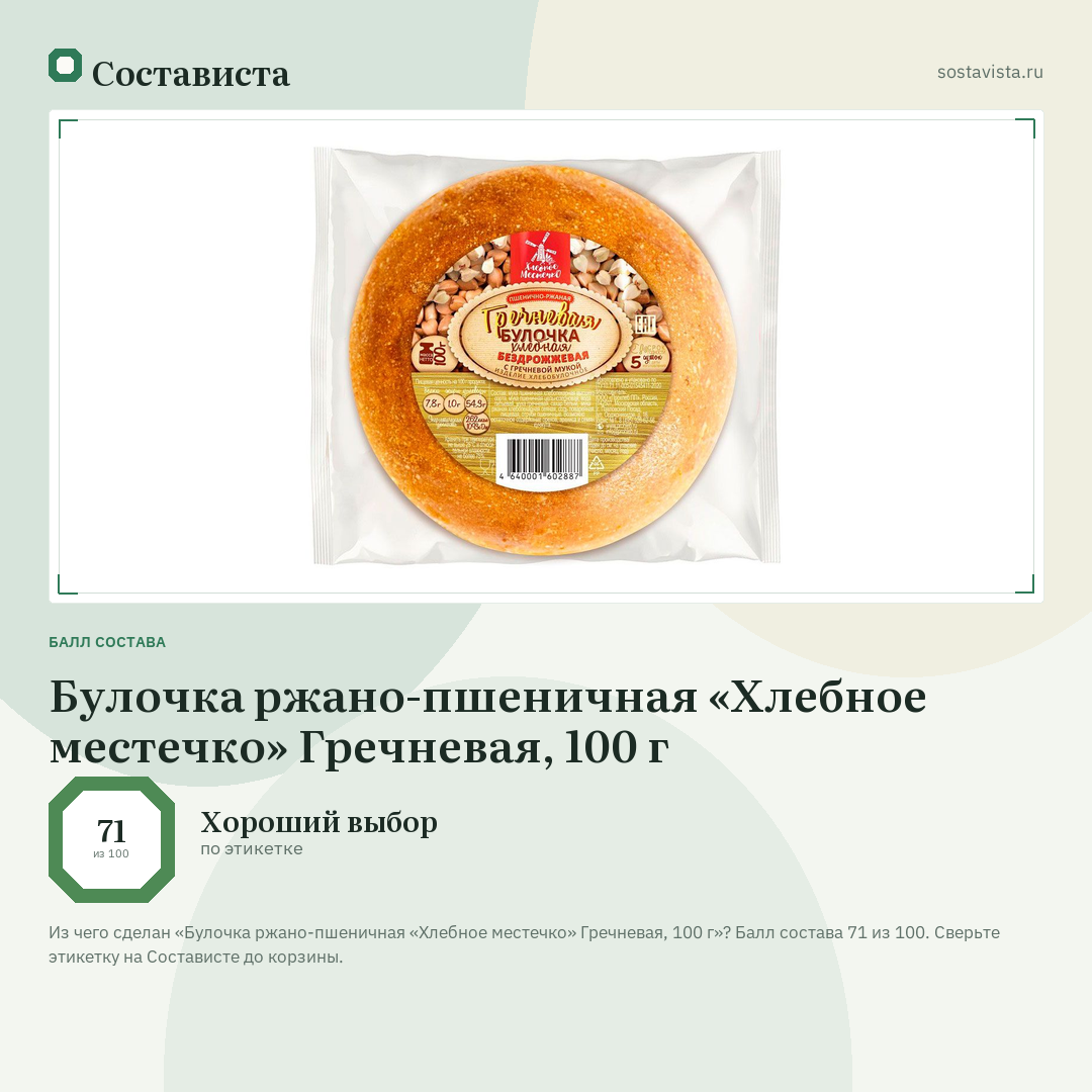 Булочка ржано-пшеничная «Хлебное местечко» Гречневая, 100 г: балл состава 71 из 100 — Состависта