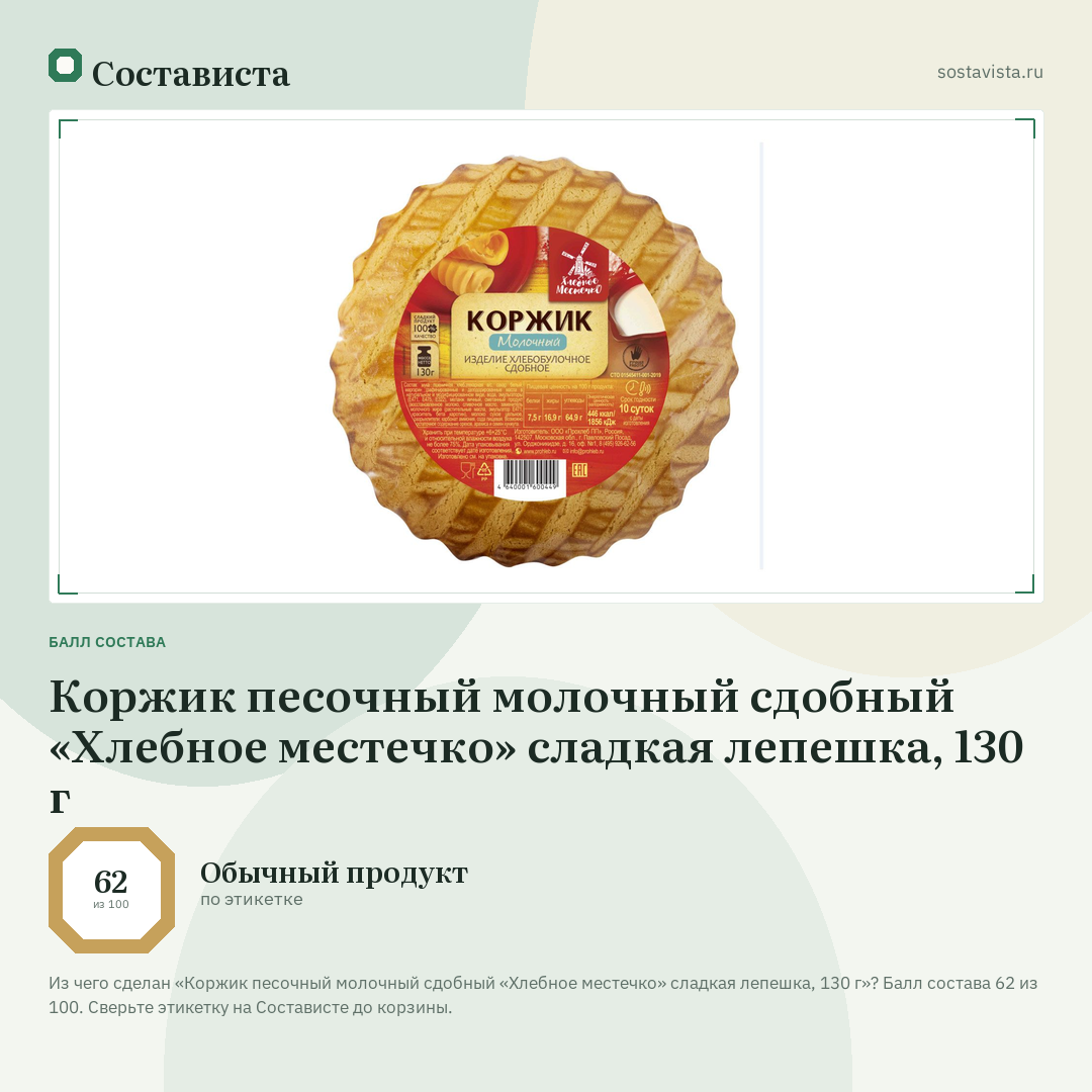 Коржик песочный молочный сдобный «Хлебное местечко» сладкая лепешка, 130 г: балл состава 62 из 100 — Состависта