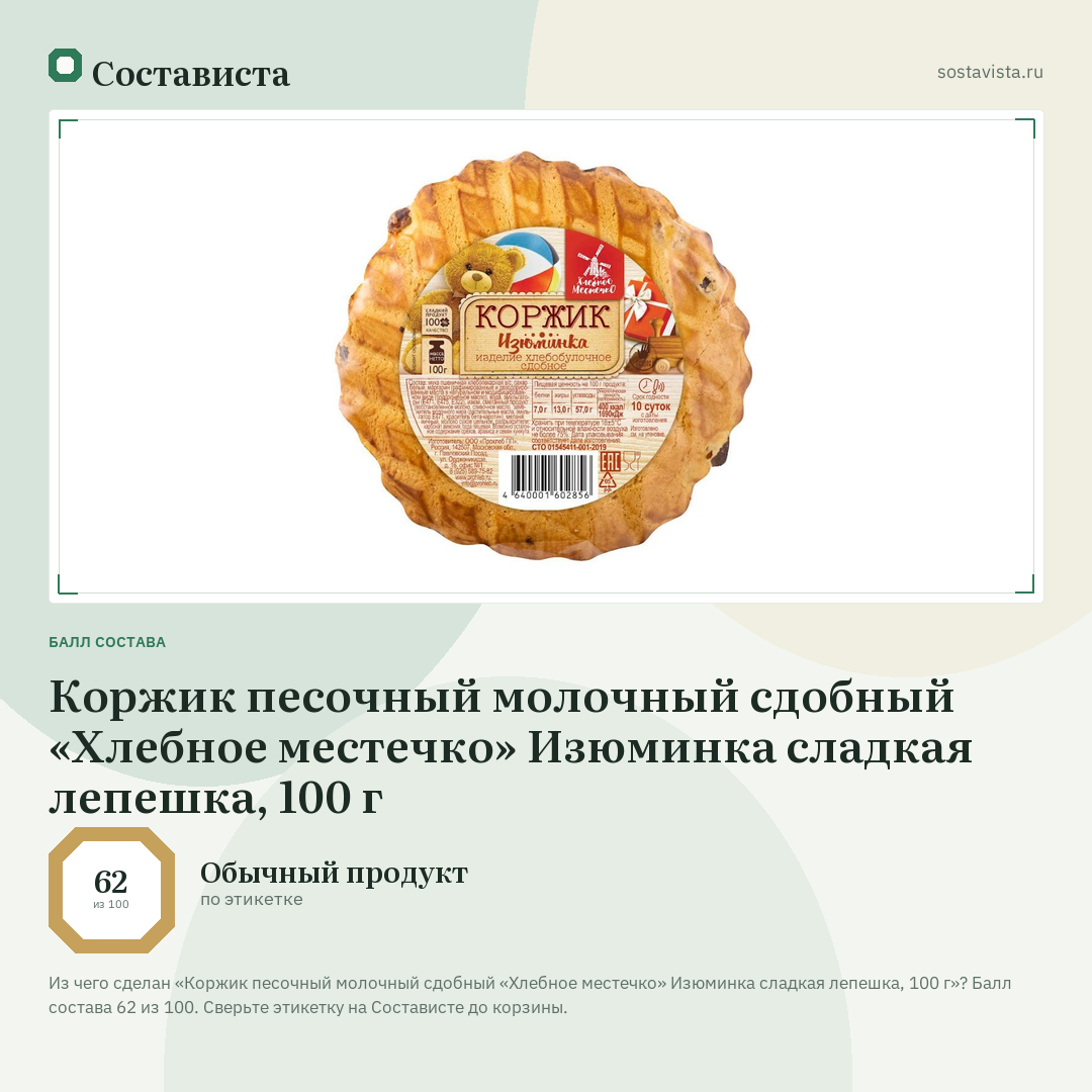 Коржик песочный молочный сдобный «Хлебное местечко» Изюминка сладкая лепешка, 100 г: балл состава 62 из 100 — Состависта