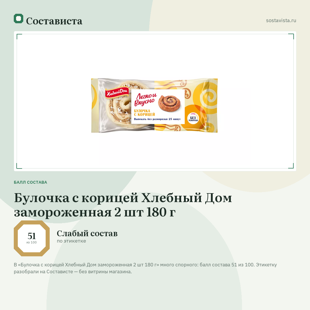 Булочка с корицей Хлебный Дом замороженная 2 шт 180 г: балл состава 51 из 100 — Состависта