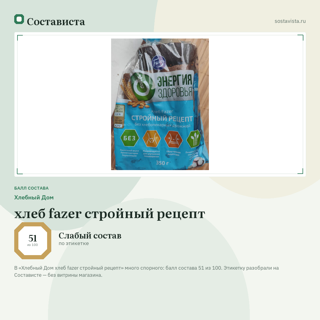 Хлебный Дом хлеб fazer стройный рецепт: балл состава 51 из 100 — Состависта