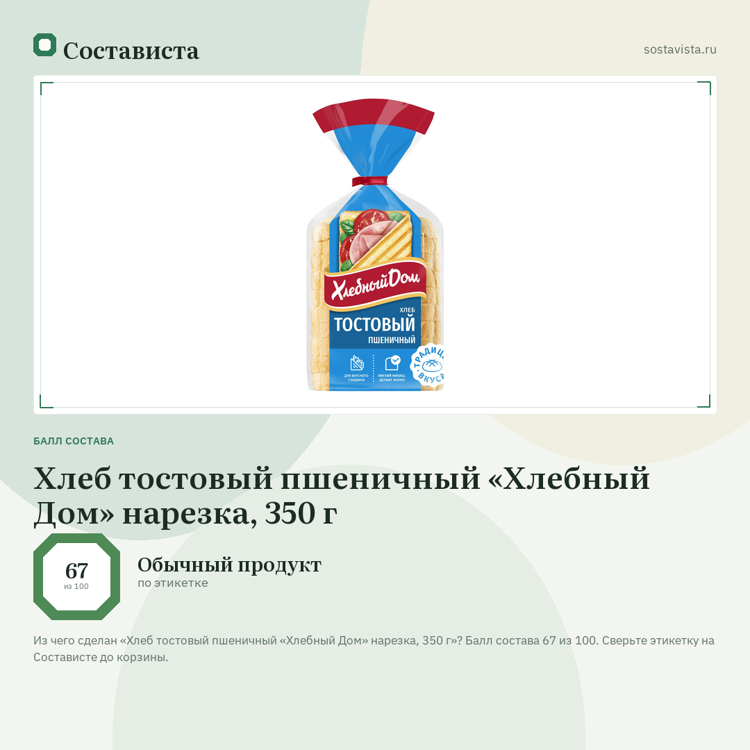 Хлеб тостовый пшеничный «Хлебный Дом» нарезка, 350 г: балл состава 67 из 100 — Состависта