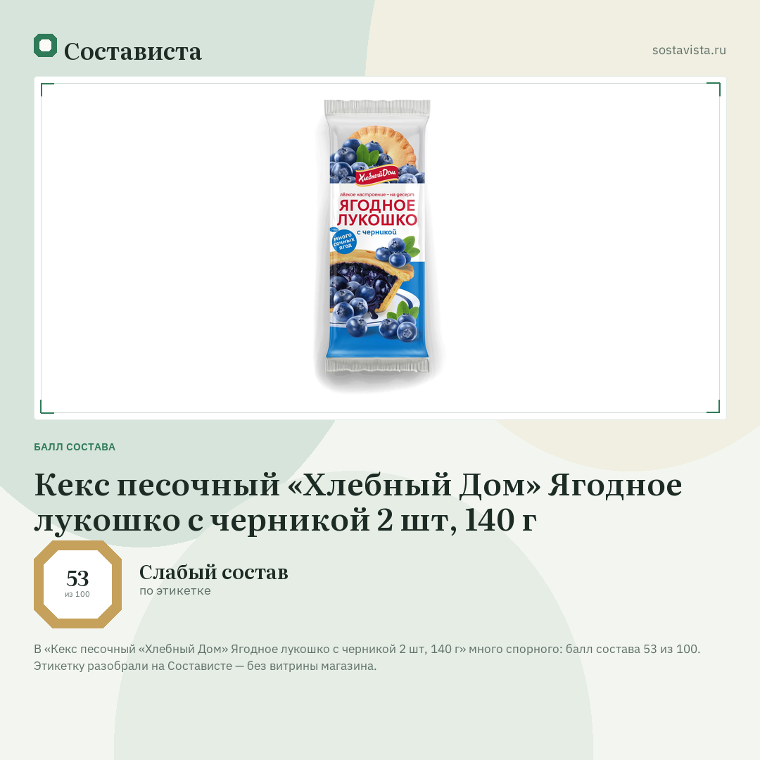 Кекс песочный «Хлебный Дом» Ягодное лукошко с черникой 2 шт, 140 г: балл состава 53 из 100 — Состависта