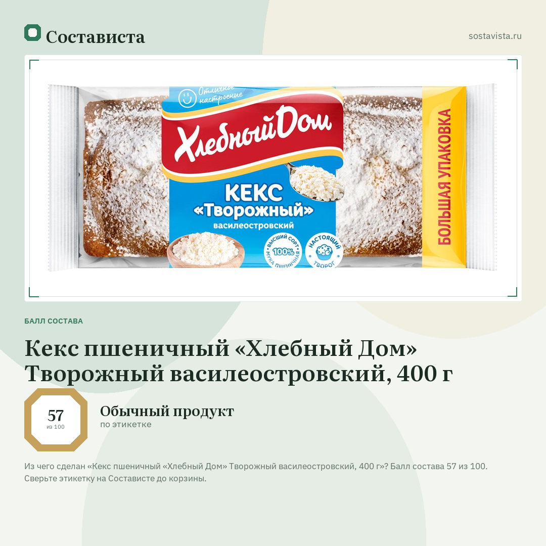 Кекс пшеничный «Хлебный Дом» Творожный василеостровский, 400 г: балл состава 57 из 100 — Состависта