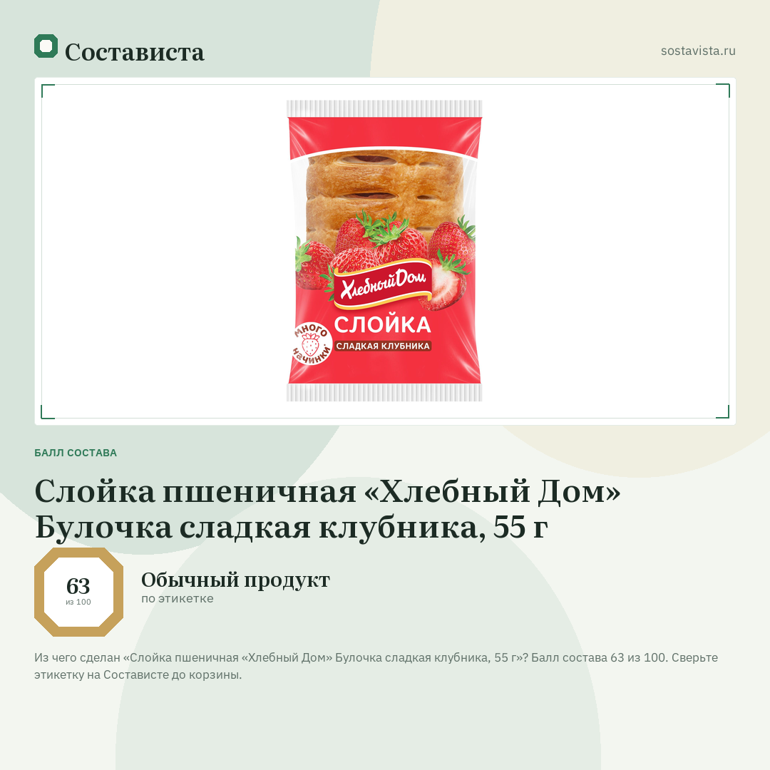 Слойка пшеничная «Хлебный Дом» Булочка сладкая клубника, 55 г: балл состава 63 из 100 — Состависта