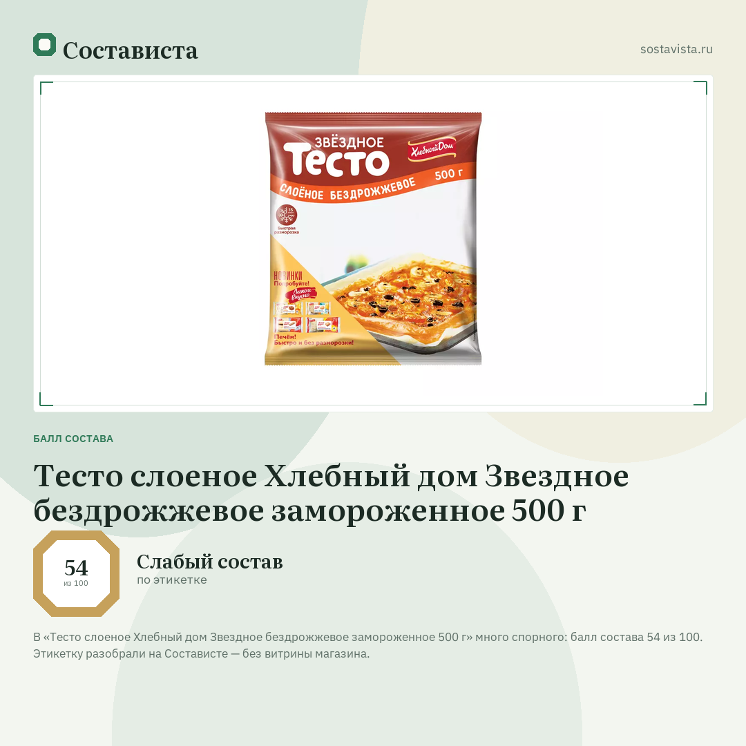 Тесто слоеное Хлебный дом Звездное бездрожжевое замороженное 500 г: балл состава 54 из 100 — Состависта