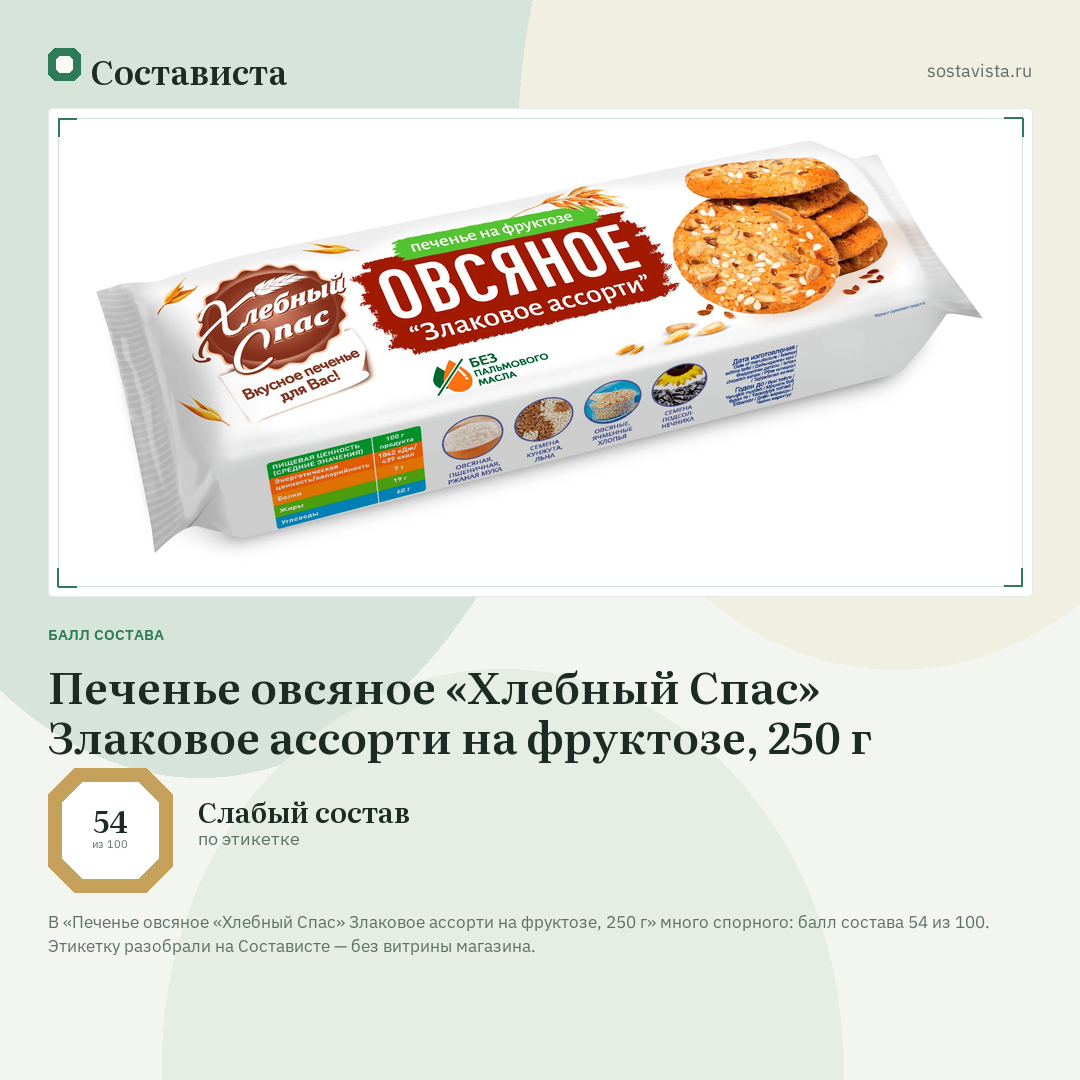 Печенье овсяное «Хлебный Спас» Злаковое ассорти на фруктозе, 250 г: балл состава 54 из 100 — Состависта