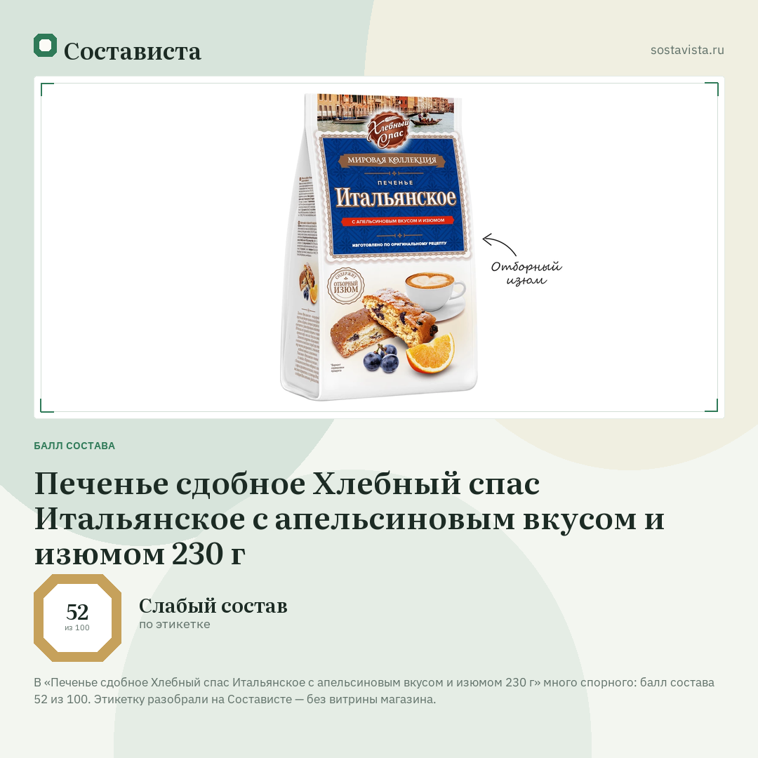 Печенье сдобное Хлебный спас Итальянское с апельсиновым вкусом и изюмом 230 г: балл состава 52 из 100 — Состависта