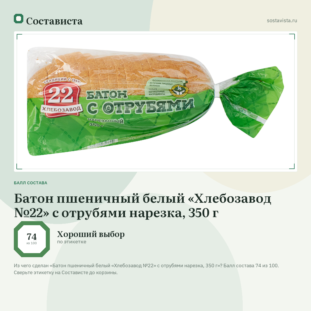 Батон пшеничный белый «Хлебозавод №22» с отрубями нарезка, 350 г: балл состава 74 из 100 — Состависта