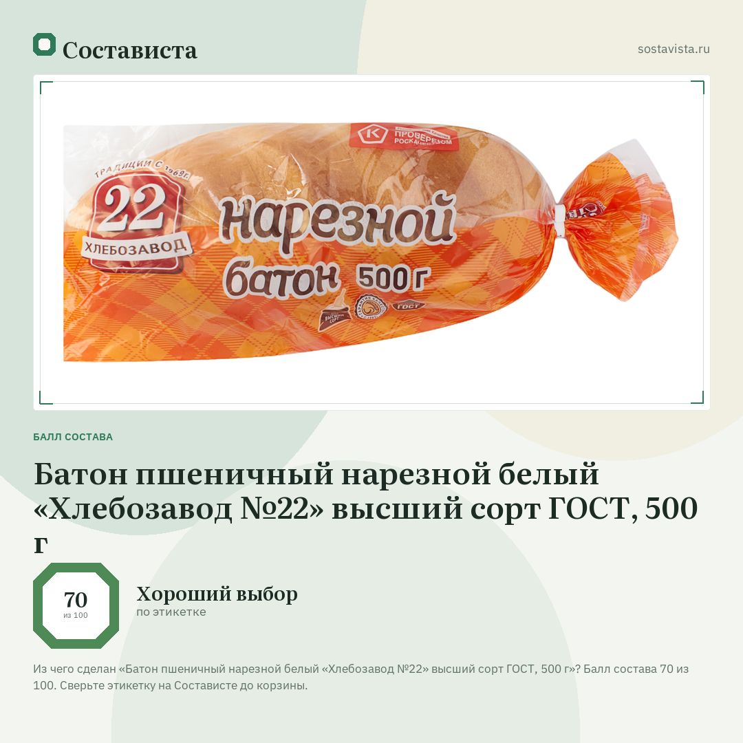 Батон пшеничный нарезной белый «Хлебозавод №22» высший сорт ГОСТ, 500 г: балл состава 70 из 100 — Состависта