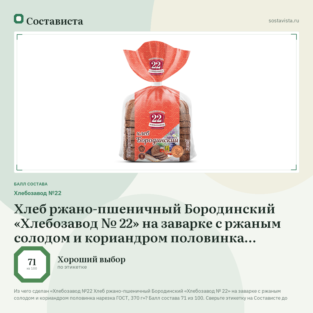 Хлебозавод №22 Хлеб ржано-пшеничный Бородинский «Хлебозавод № 22» на заварке с ржаным солодом и кориандром половинка нарезка ГОСТ, 370 г: балл состава 71 из 100 — Состависта