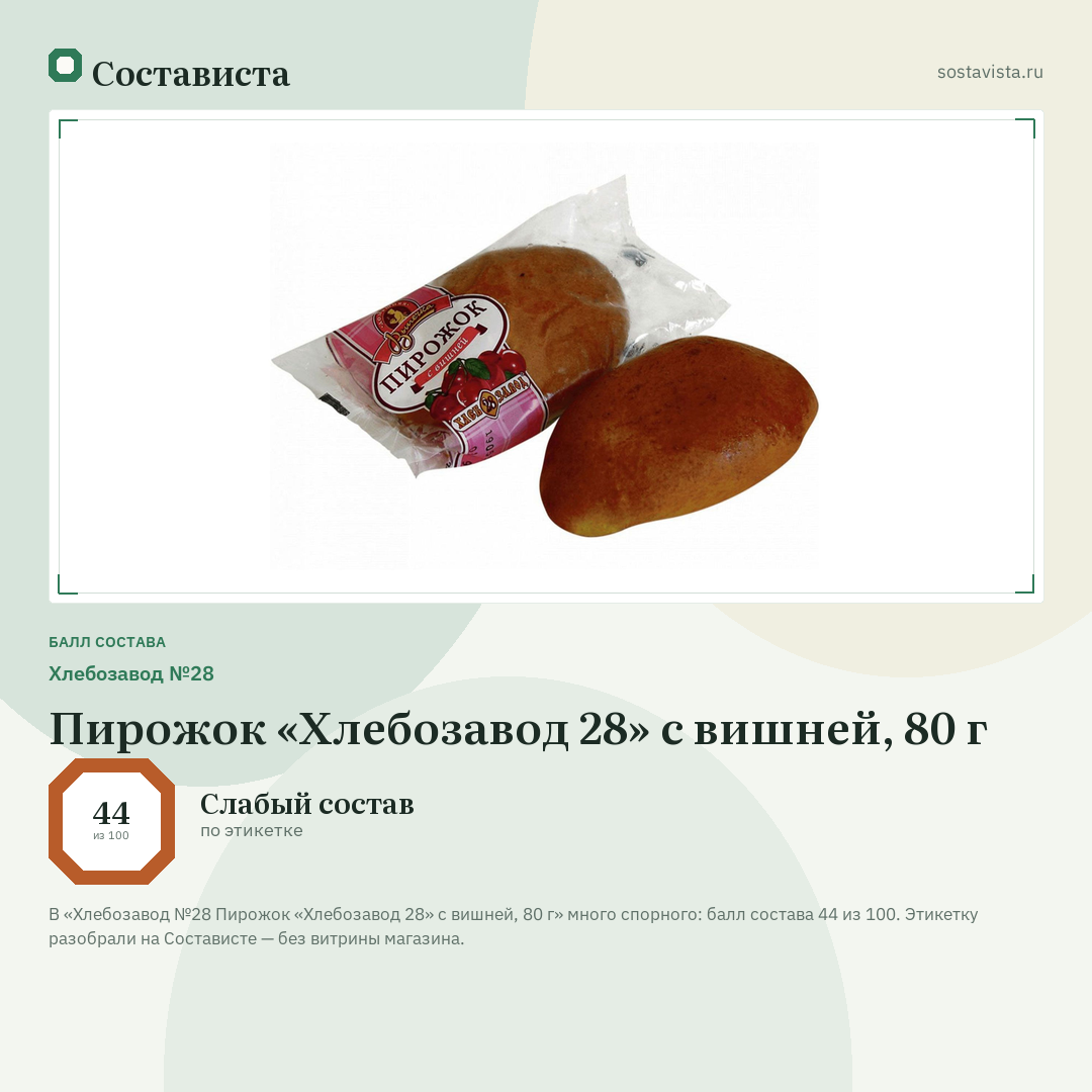 Хлебозавод №28 Пирожок «Хлебозавод 28» с вишней, 80 г: балл состава 44 из 100 — Состависта