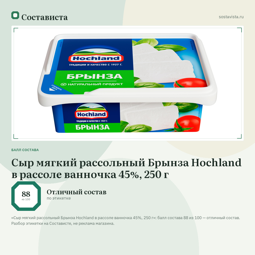 Сыр мягкий рассольный Брынза Hochland в рассоле ванночка 45%, 250 г: балл состава 88 из 100 — Состависта
