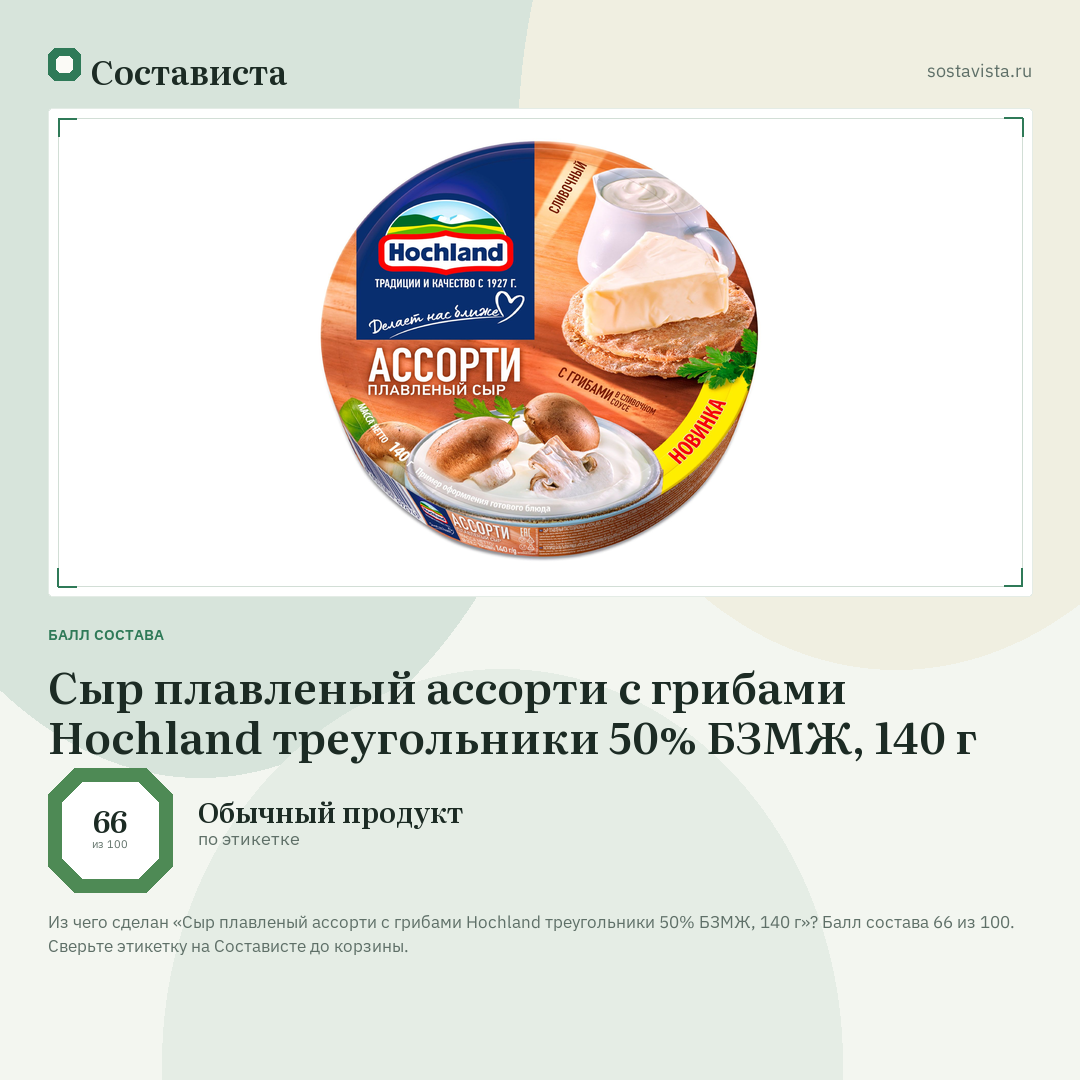 Сыр плавленый ассорти с грибами Hochland треугольники 50% БЗМЖ, 140 г: балл состава 66 из 100 — Состависта