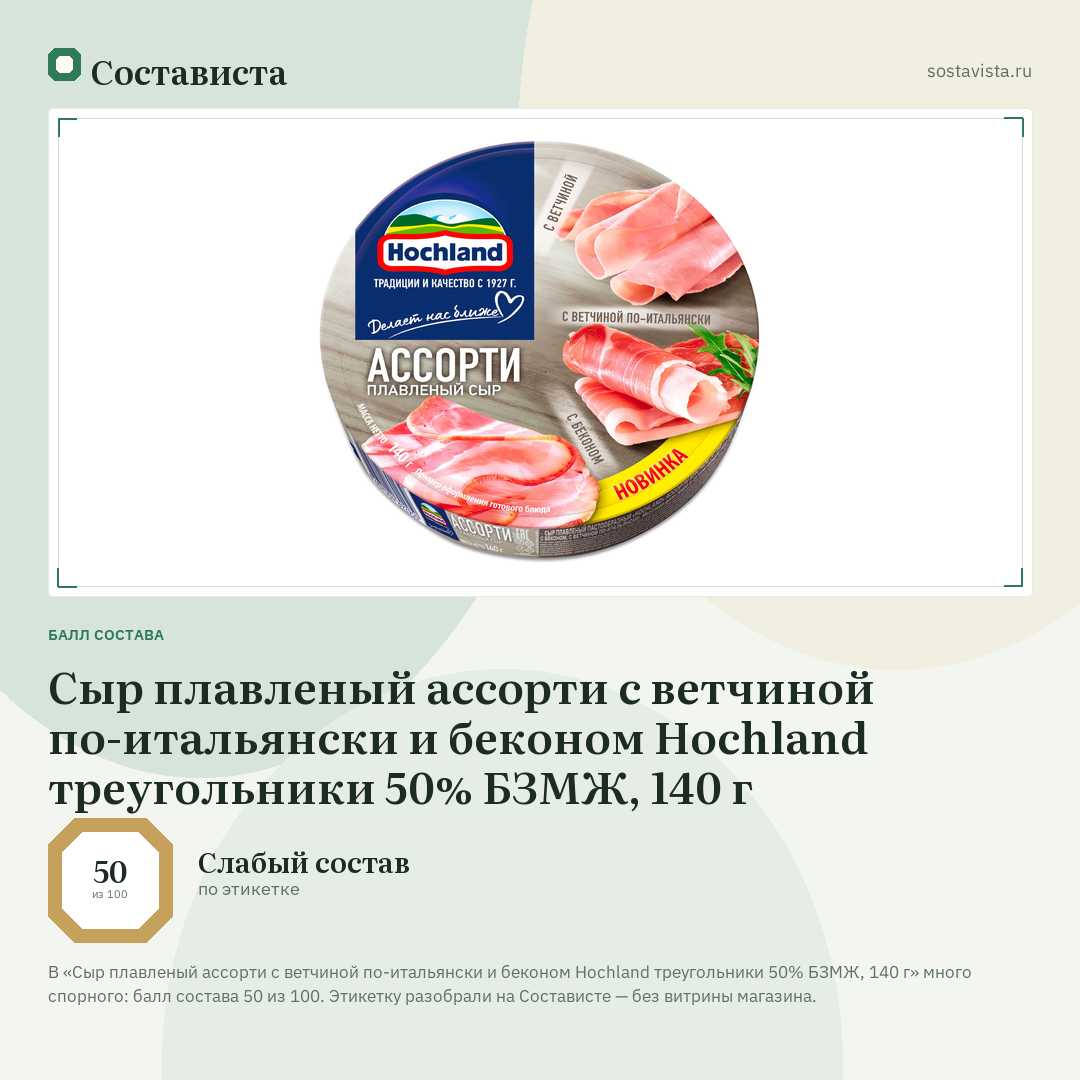 Сыр плавленый ассорти с ветчиной по-итальянски и беконом Hochland треугольники 50% БЗМЖ, 140 г: балл состава 50 из 100 — Состависта