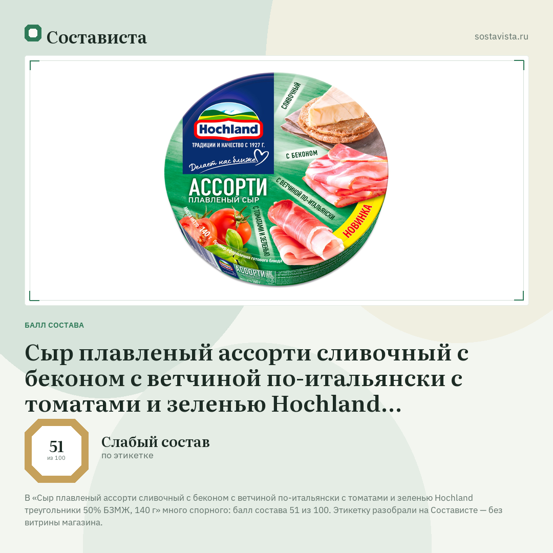 Сыр плавленый ассорти сливочный с беконом с ветчиной по-итальянски с томатами и зеленью Hochland треугольники 50% БЗМЖ, 140 г: балл состава 51 из 100 — Состависта