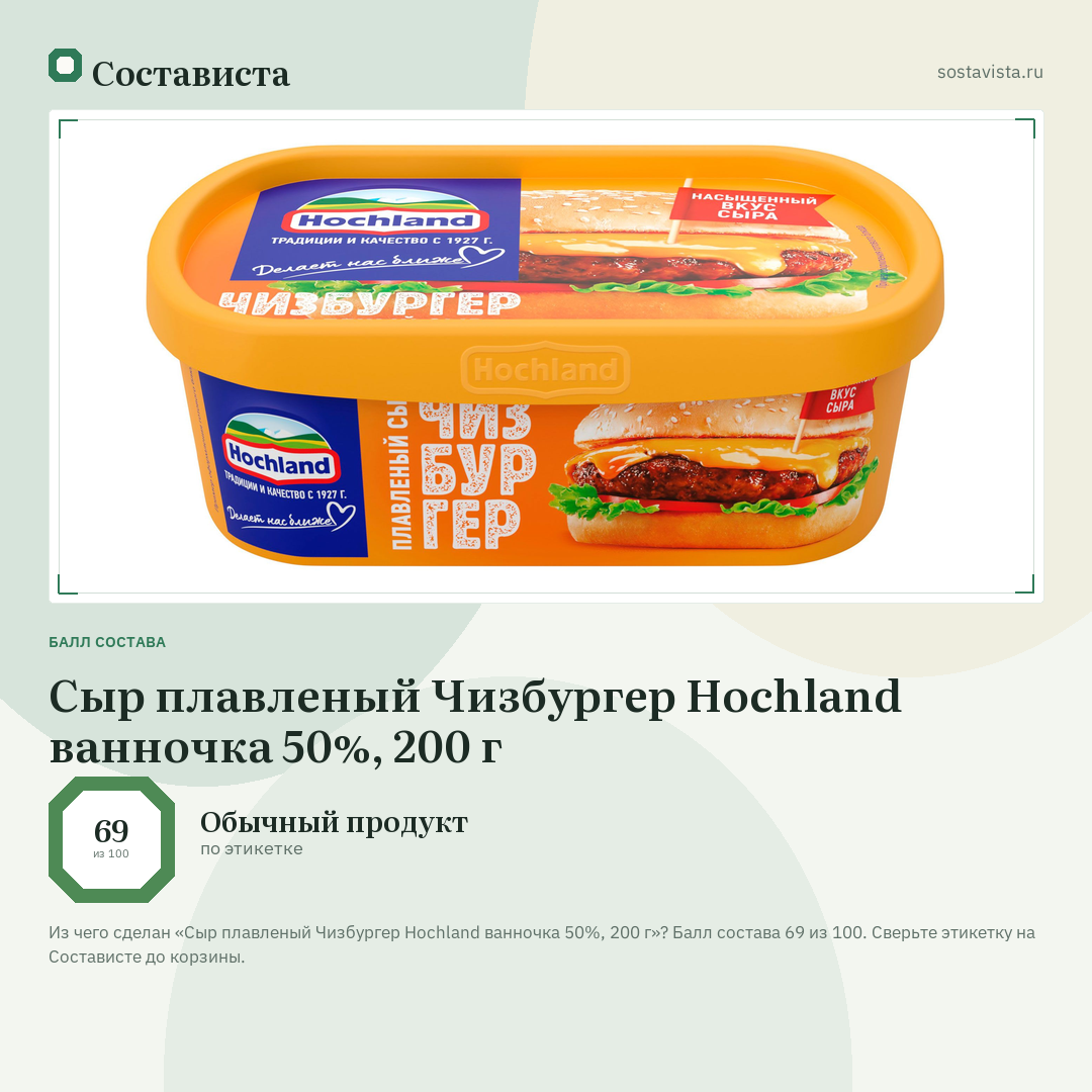 Сыр плавленый Чизбургер Hochland ванночка 50%, 200 г: балл состава 69 из 100 — Состависта
