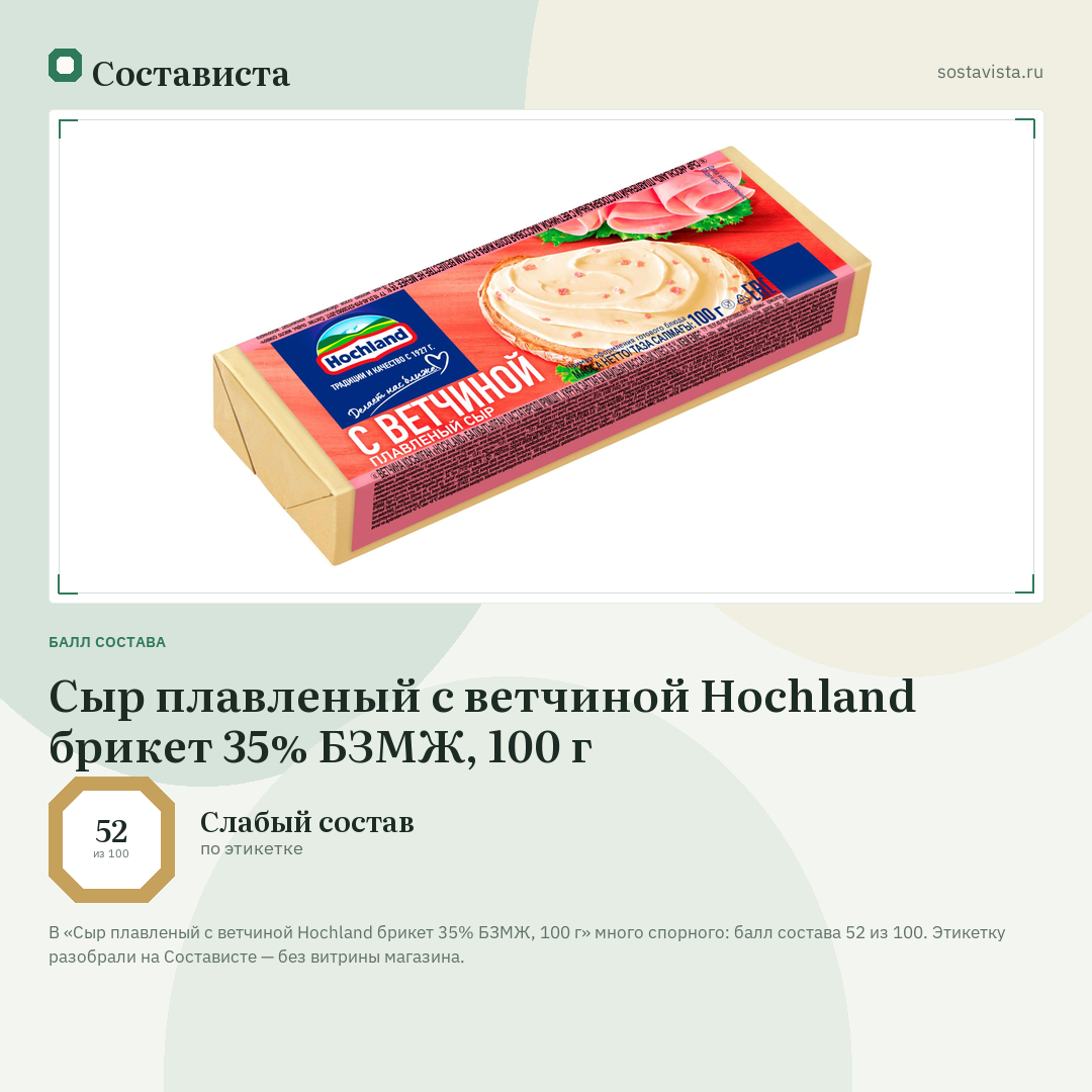 Сыр плавленый с ветчиной Hochland брикет 35% БЗМЖ, 100 г: балл состава 52 из 100 — Состависта