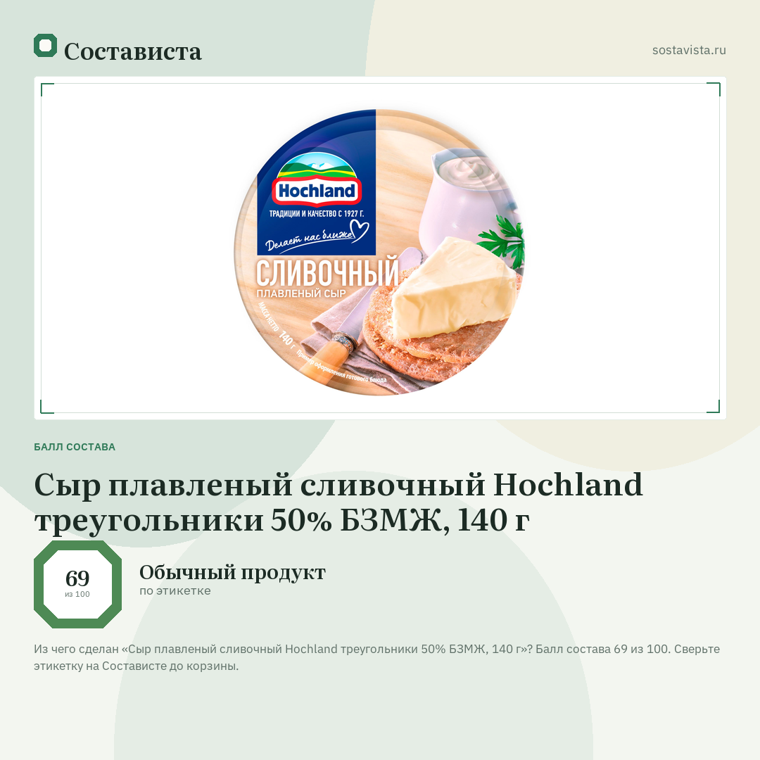 Сыр плавленый сливочный Hochland треугольники 50% БЗМЖ, 140 г: балл состава 69 из 100 — Состависта