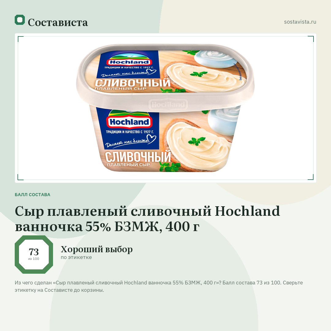 Сыр плавленый сливочный Hochland ванночка 55% БЗМЖ, 400 г: балл состава 73 из 100 — Состависта