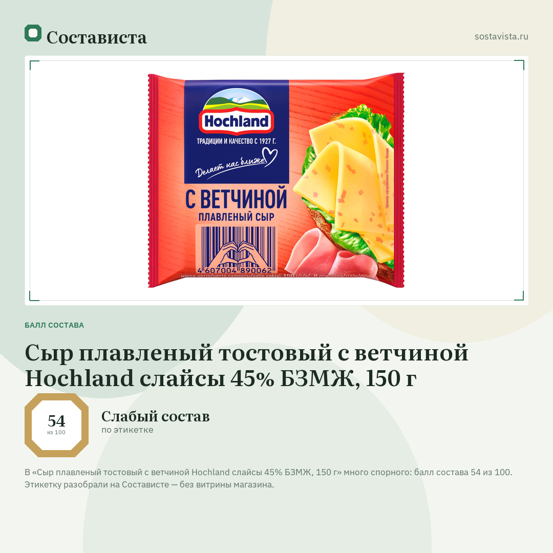 Сыр плавленый тостовый с ветчиной Hochland слайсы 45% БЗМЖ, 150 г: балл состава 54 из 100 — Состависта