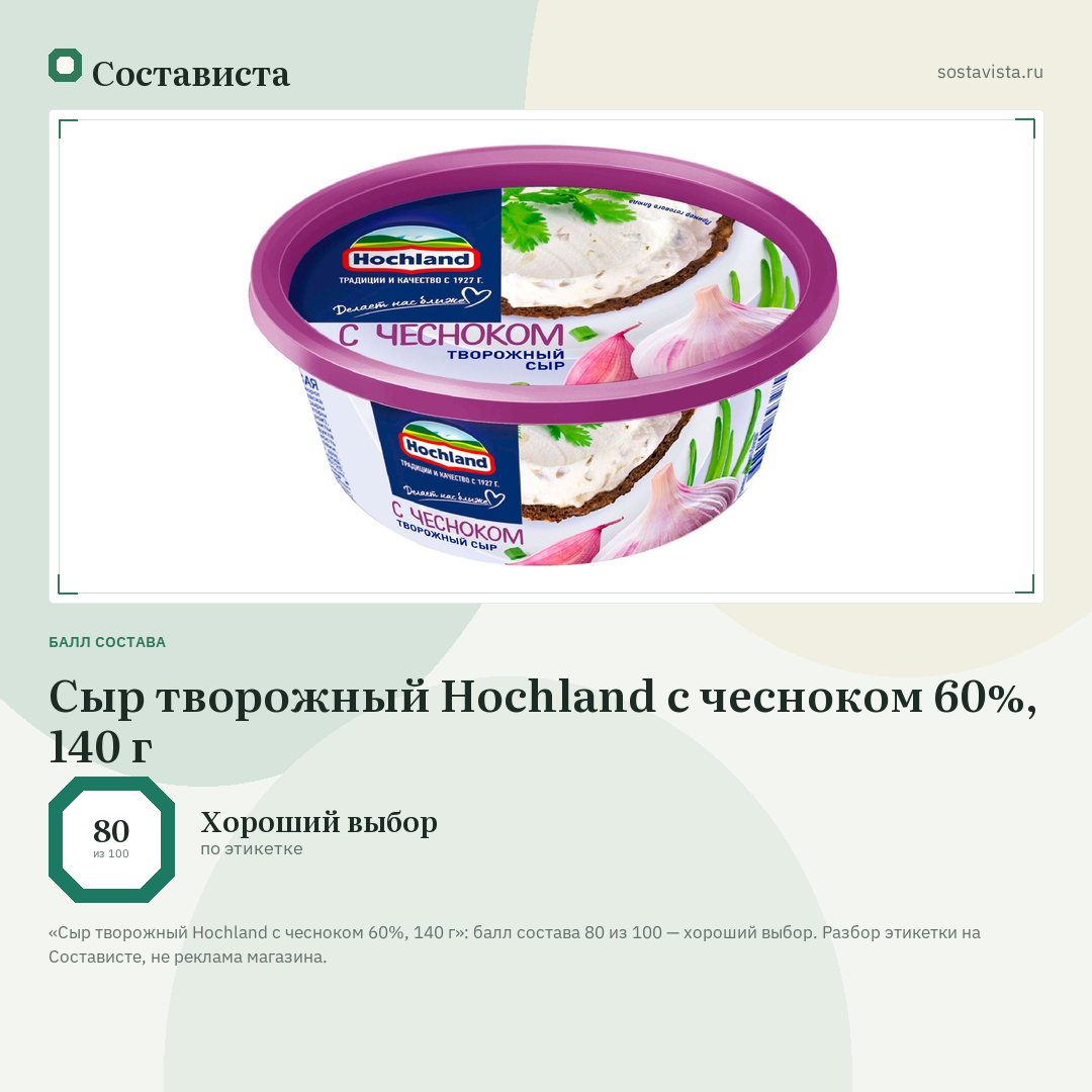 Сыр творожный Hochland с чесноком 60%, 140 г: балл состава 80 из 100 — Состависта