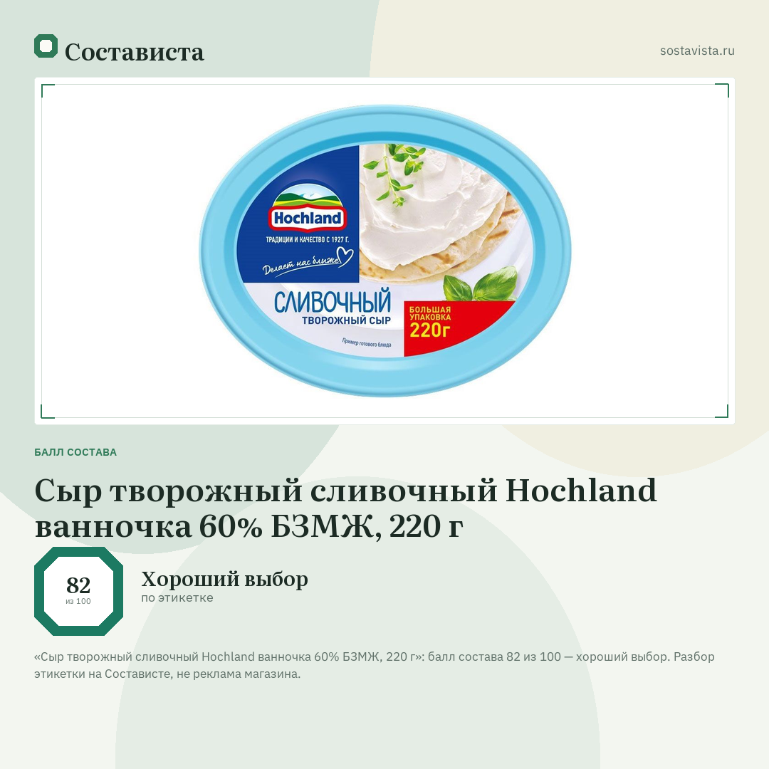 Сыр творожный сливочный Hochland ванночка 60% БЗМЖ, 220 г: балл состава 82 из 100 — Состависта
