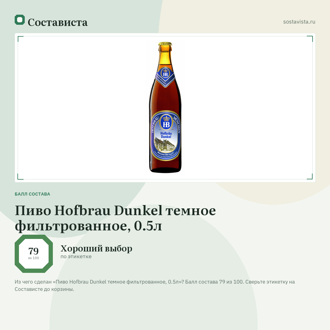 Пиво Hofbrau Dunkel темное фильтрованное, 0.5л: балл состава 79 из 100 — Состависта