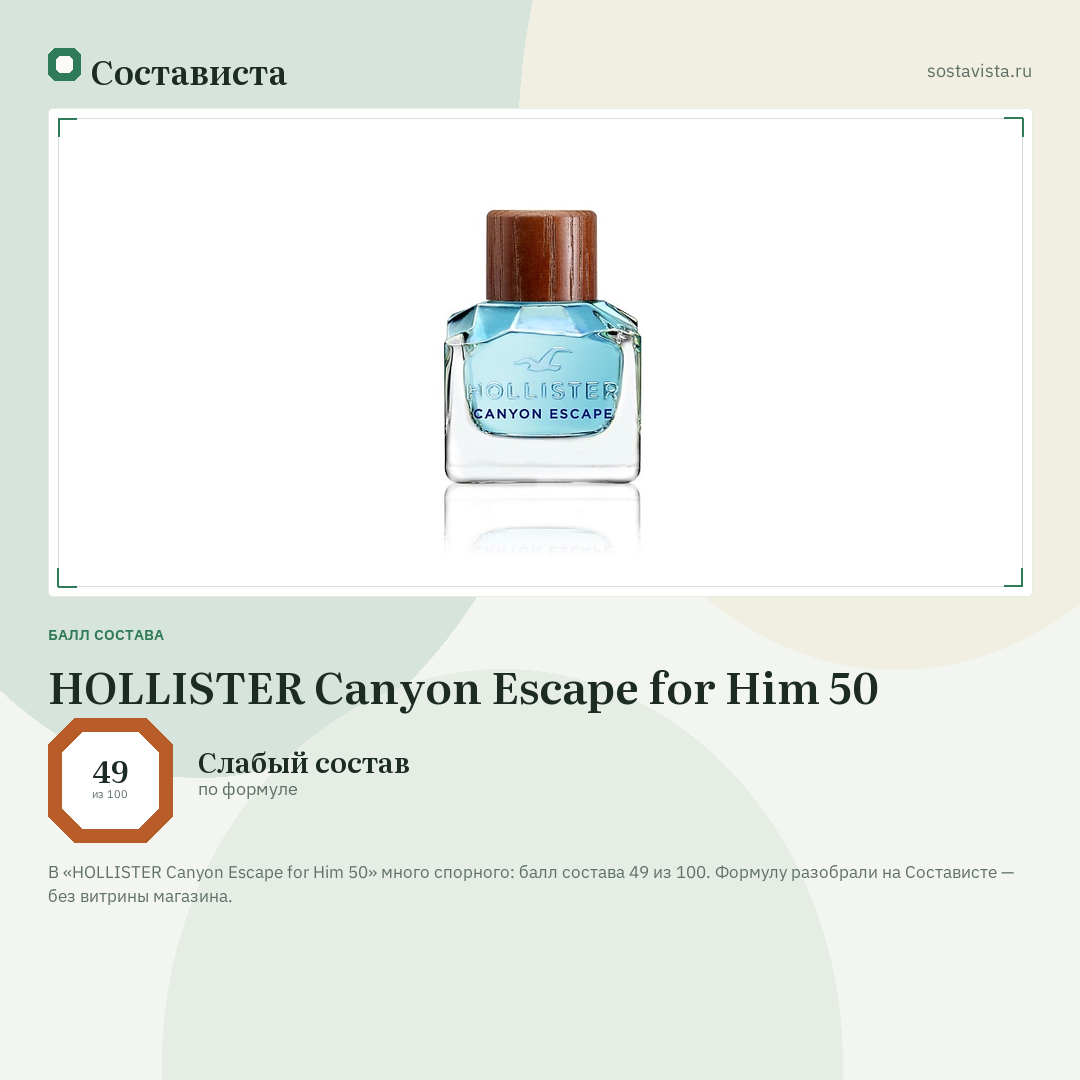 HOLLISTER Canyon Escape for Him 50: балл состава 49 из 100 — Состависта