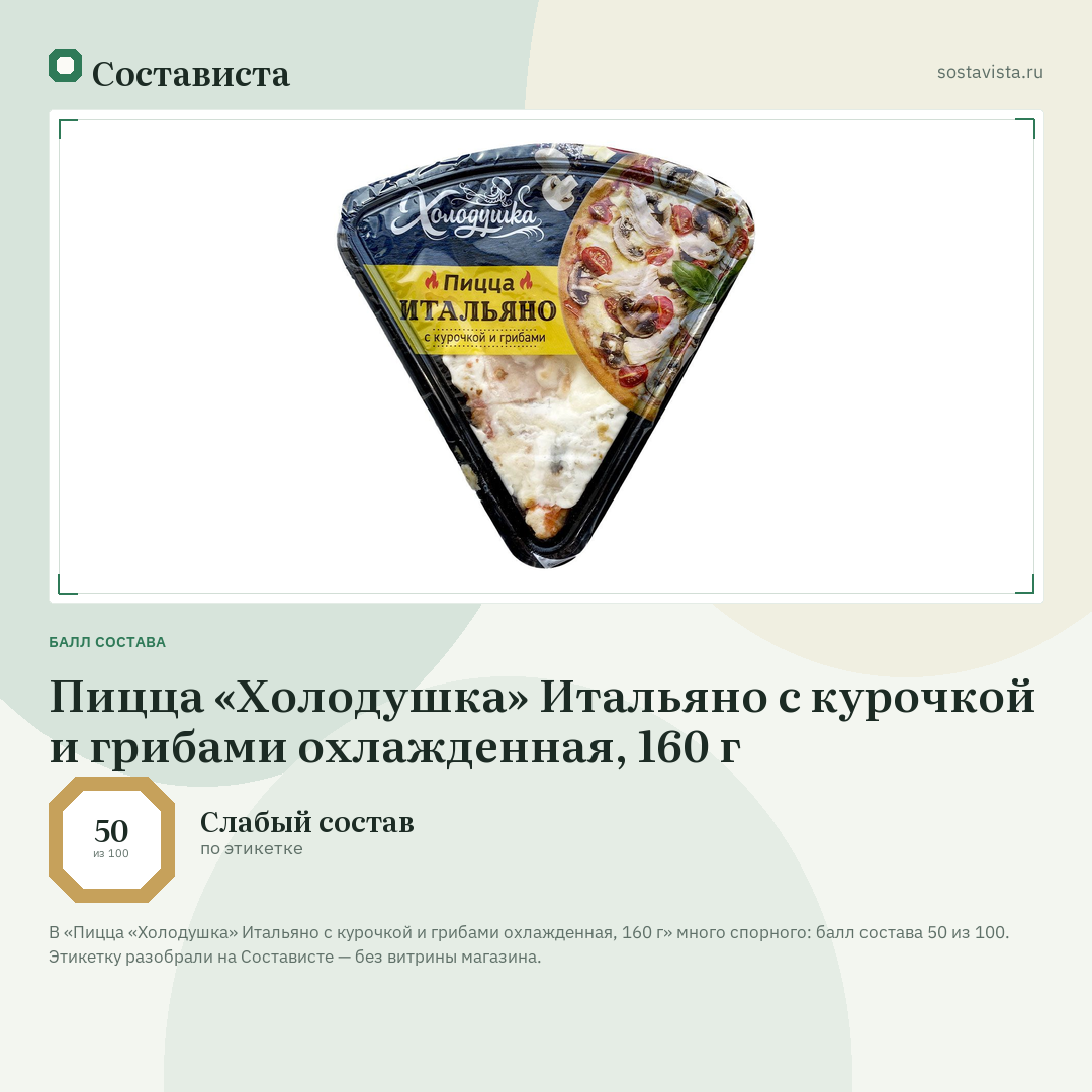 Пицца «Холодушка» Итальяно с курочкой и грибами охлажденная, 160 г: балл состава 50 из 100 — Состависта