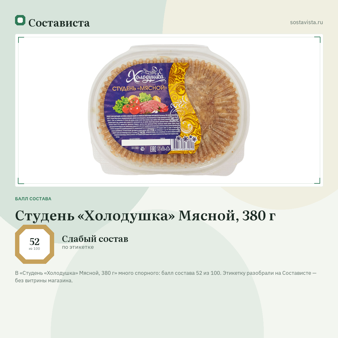 Студень «Холодушка» Мясной, 380 г: балл состава 52 из 100 — Состависта