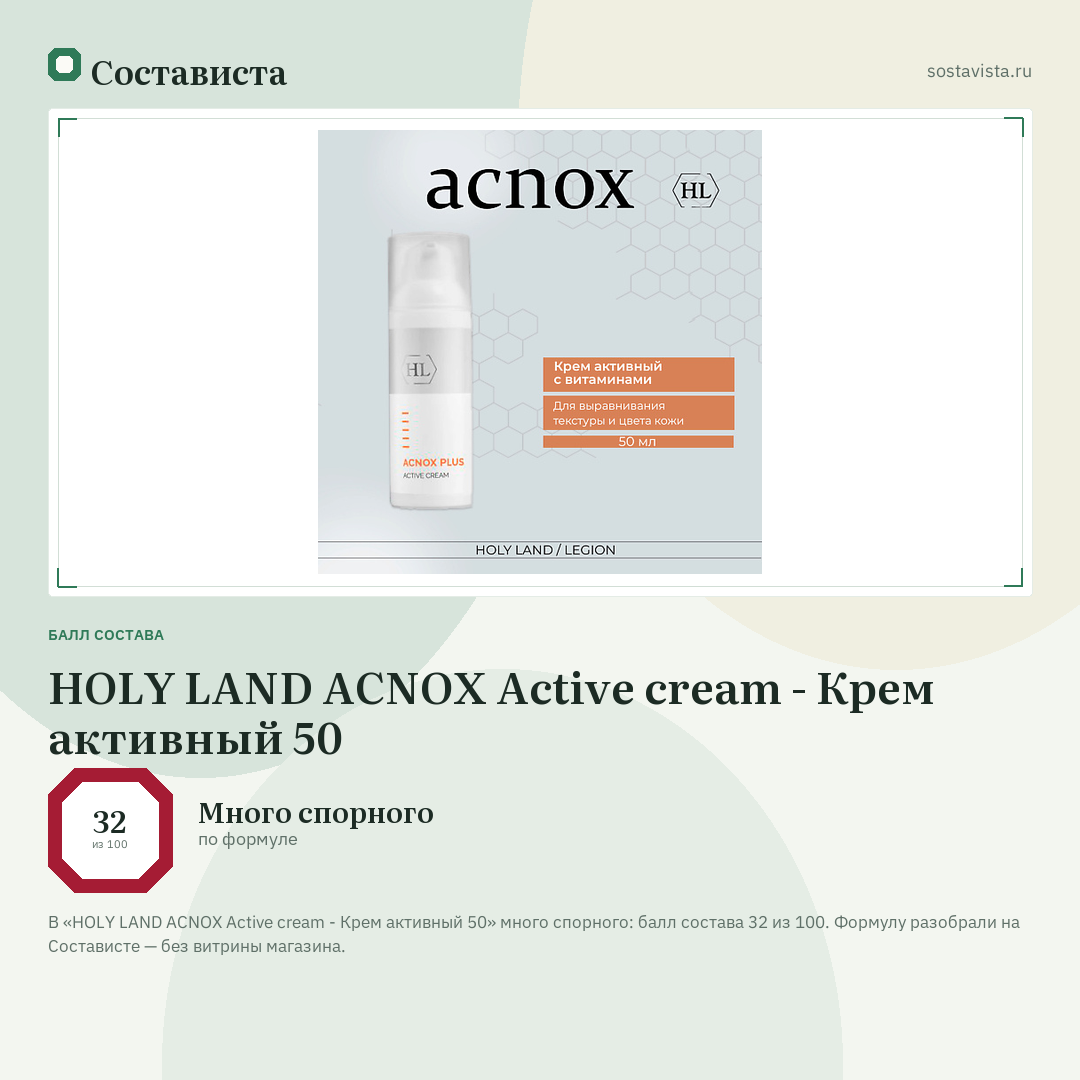 HOLY LAND ACNOX Active cream - Крем активный 50: балл состава 32 из 100 — Состависта