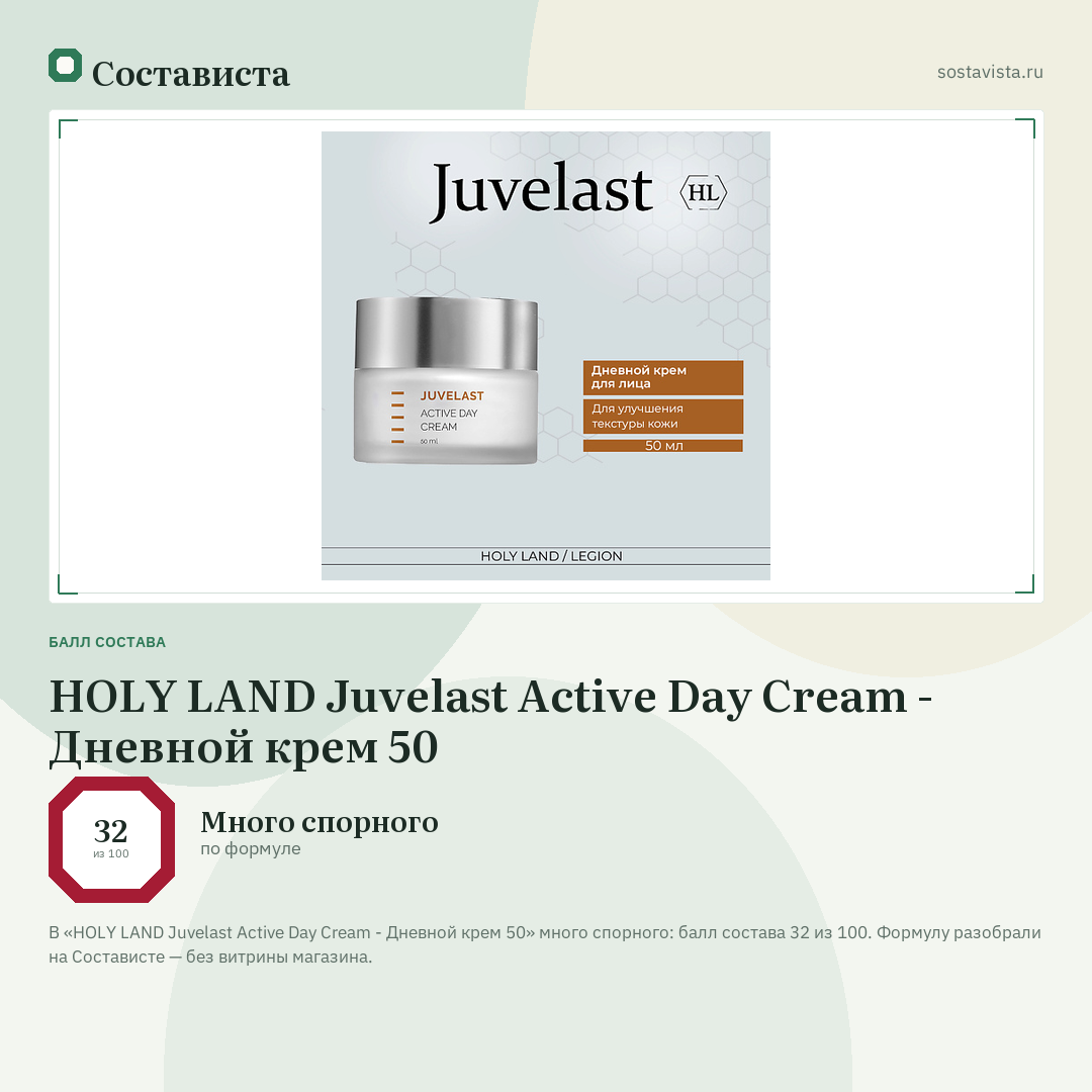 HOLY LAND Juvelast Active Day Cream - Дневной крем 50: балл состава 32 из 100 — Состависта