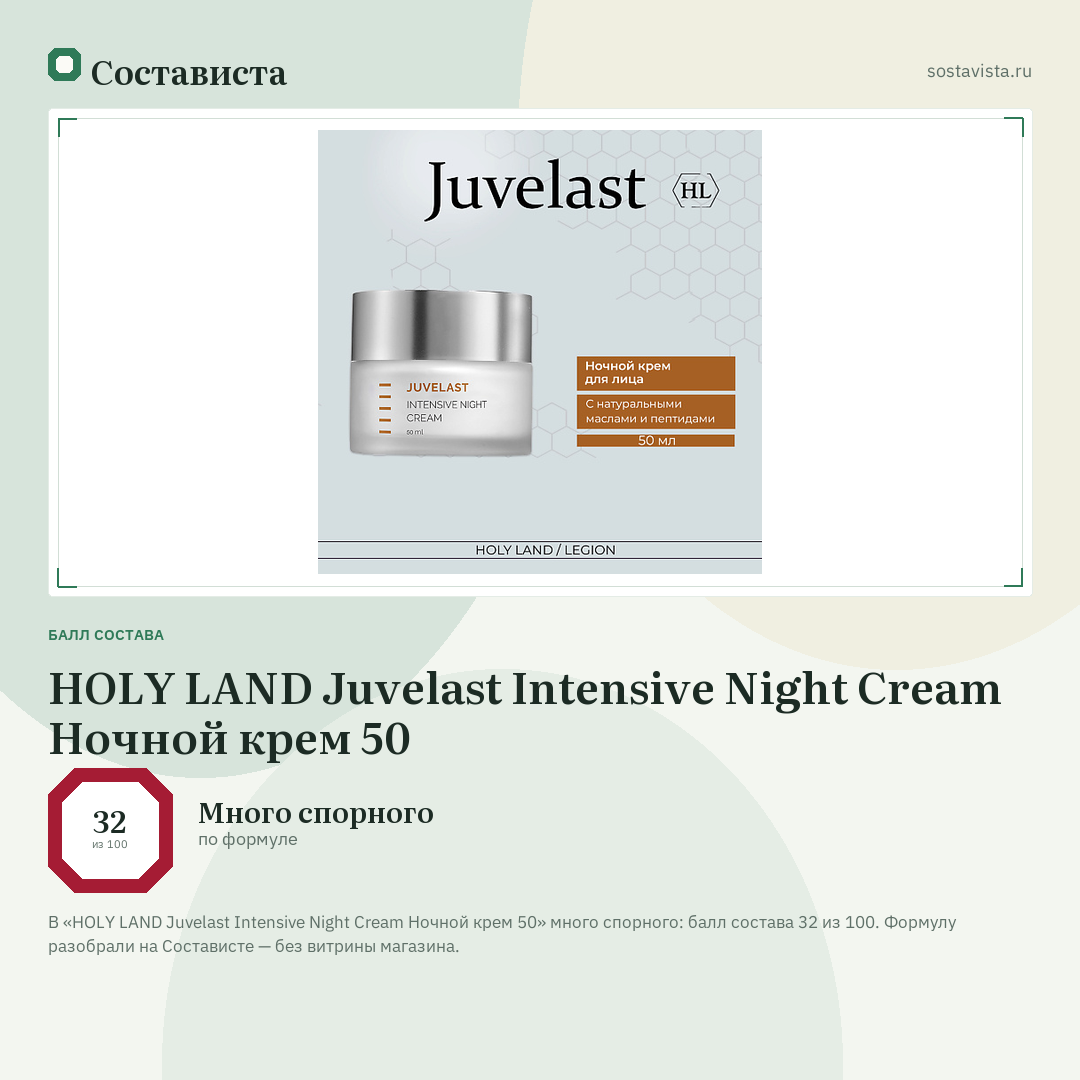HOLY LAND Juvelast Intensive Night Cream Ночной крем 50: балл состава 32 из 100 — Состависта