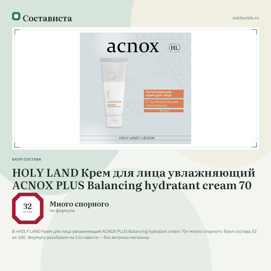 HOLY LAND Крем для лица увлажняющий ACNOX PLUS Balancing hydratant cream 70: балл состава 32 из 100 — Состависта